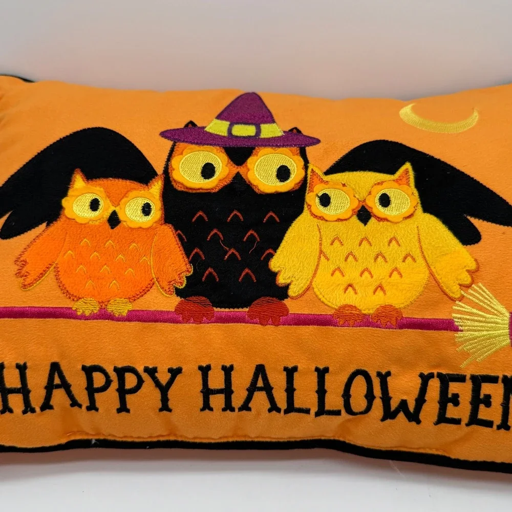 The Midnight Market Embroidered Halloween Owls Lumbar Accent Pillow Orange 11x17